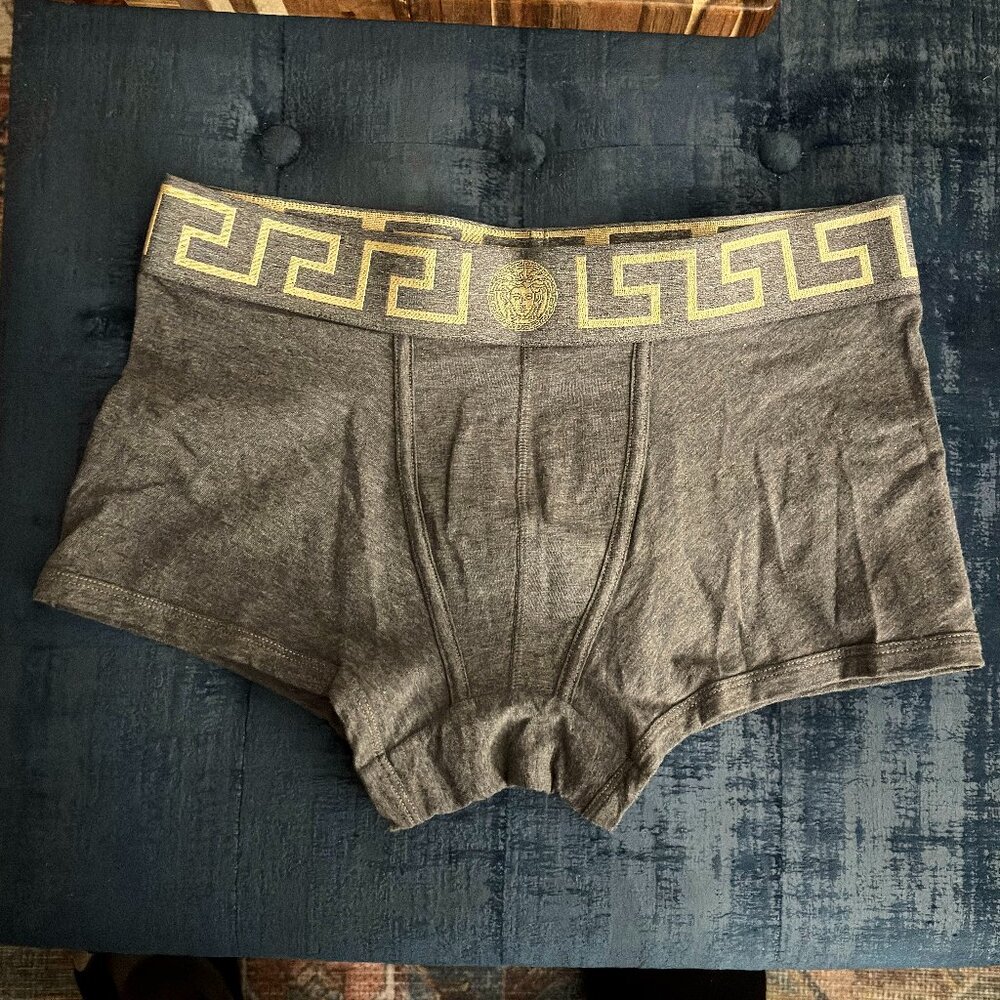 Versace.  Men’s low rise cotton-blend trunks. Color: Heather Grey.  Size: 5 (Med